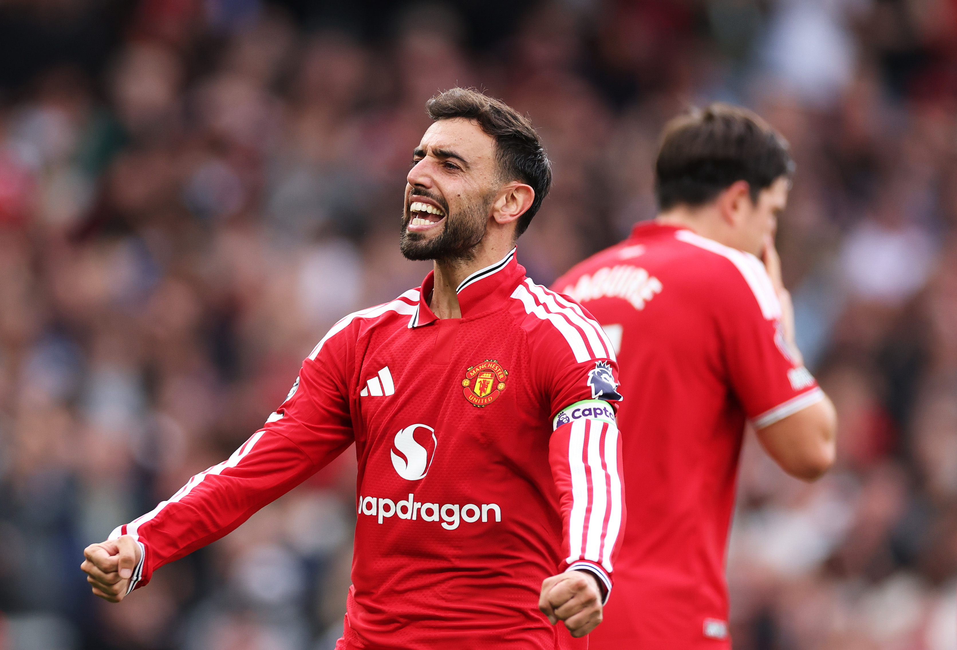 MANCHESTER, ENGLAND - AUGUST 30: Bruno Fernandes of Manchester United celebrates scoring his team’s third goal from the penalty spot during the Premier League 2026/27 match between Manchester United and Ipswich Town at Old Trafford on August 30, 2026 in Manchester, England.