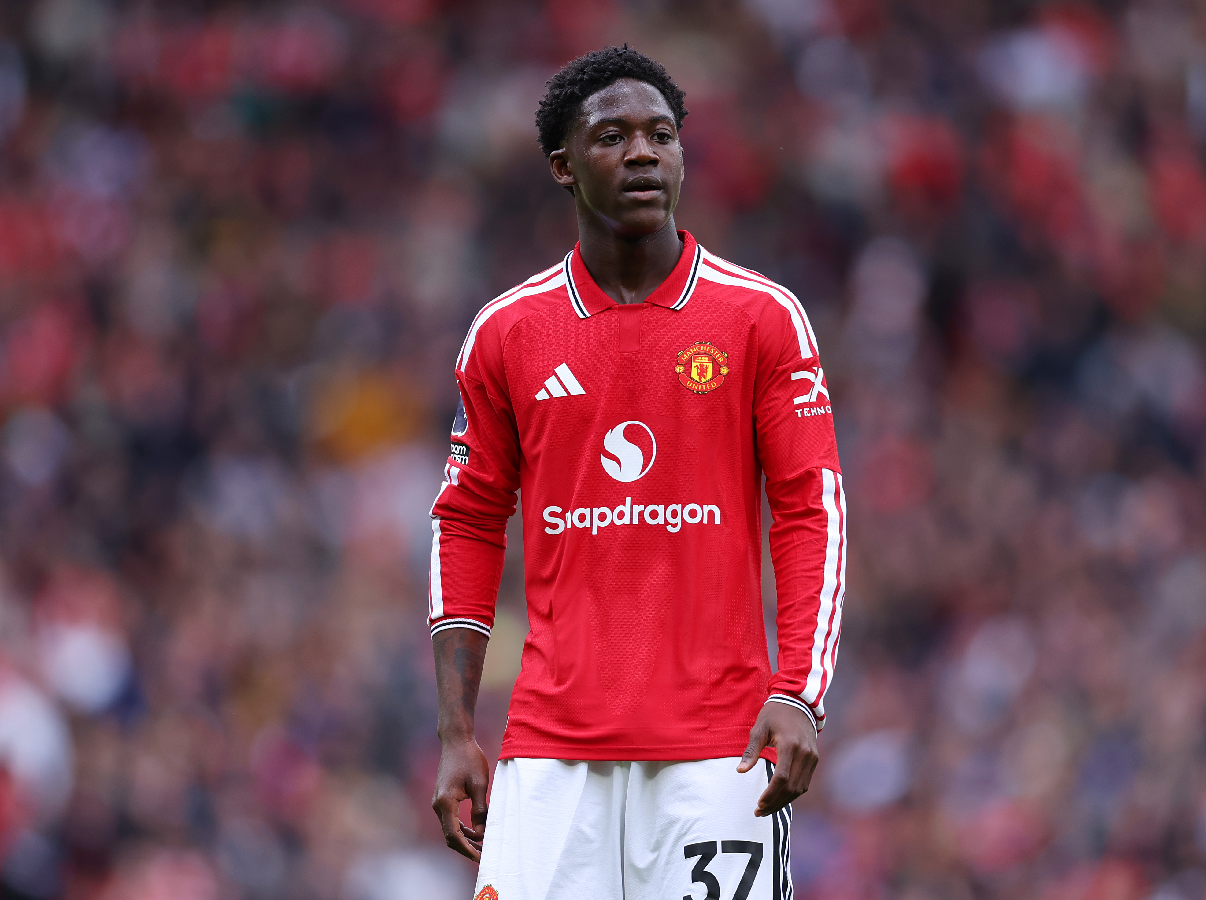 MANCHESTER, ENGLAND - MAY 17: Kobbie Mainoo of Manchester United during the Premier League match between Manchester United and Nottingham Forest at Old Trafford on May 17, 2026 in Manchester, England
