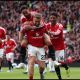 MANCHESTER, ENGLAND - MAY 17: Luke Shaw of Manchester United celebrates scoring his team's first goal with teammates Matheus Cunha and Amad Diallo during the Premier League match between Manchester United and Nottingham Forest at Old Trafford on May 17, 2026 in Manchester, England.