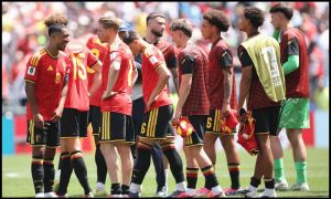 SEATTLE, WASHINGTON - JUNE 15: Youri Tielemans #8, Kevin De Bruyne #7 and teammates of Belgium react after the FIFA World Cup 2026 Group G match between Belgium and Egypt at Seattle Stadium on June 15, 2026 in Seattle, Washington.