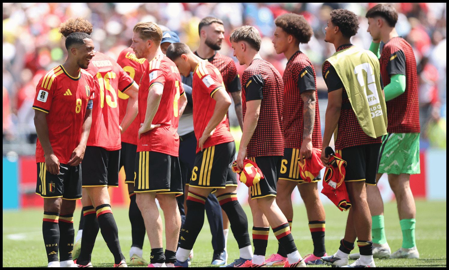 SEATTLE, WASHINGTON - JUNE 15: Youri Tielemans #8, Kevin De Bruyne #7 and teammates of Belgium react after the FIFA World Cup 2026 Group G match between Belgium and Egypt at Seattle Stadium on June 15, 2026 in Seattle, Washington.