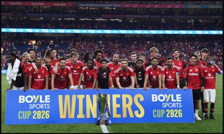 DUBLIN, IRELAND - AUGUST 12: Manchester United players celebrate after the pre-season friendly match between Leeds United and Manchester United at Croke Park on August 12, 2026 in Dublin, Ireland.