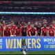 DUBLIN, IRELAND - AUGUST 12: Manchester United players celebrate after the pre-season friendly match between Leeds United and Manchester United at Croke Park on August 12, 2026 in Dublin, Ireland.