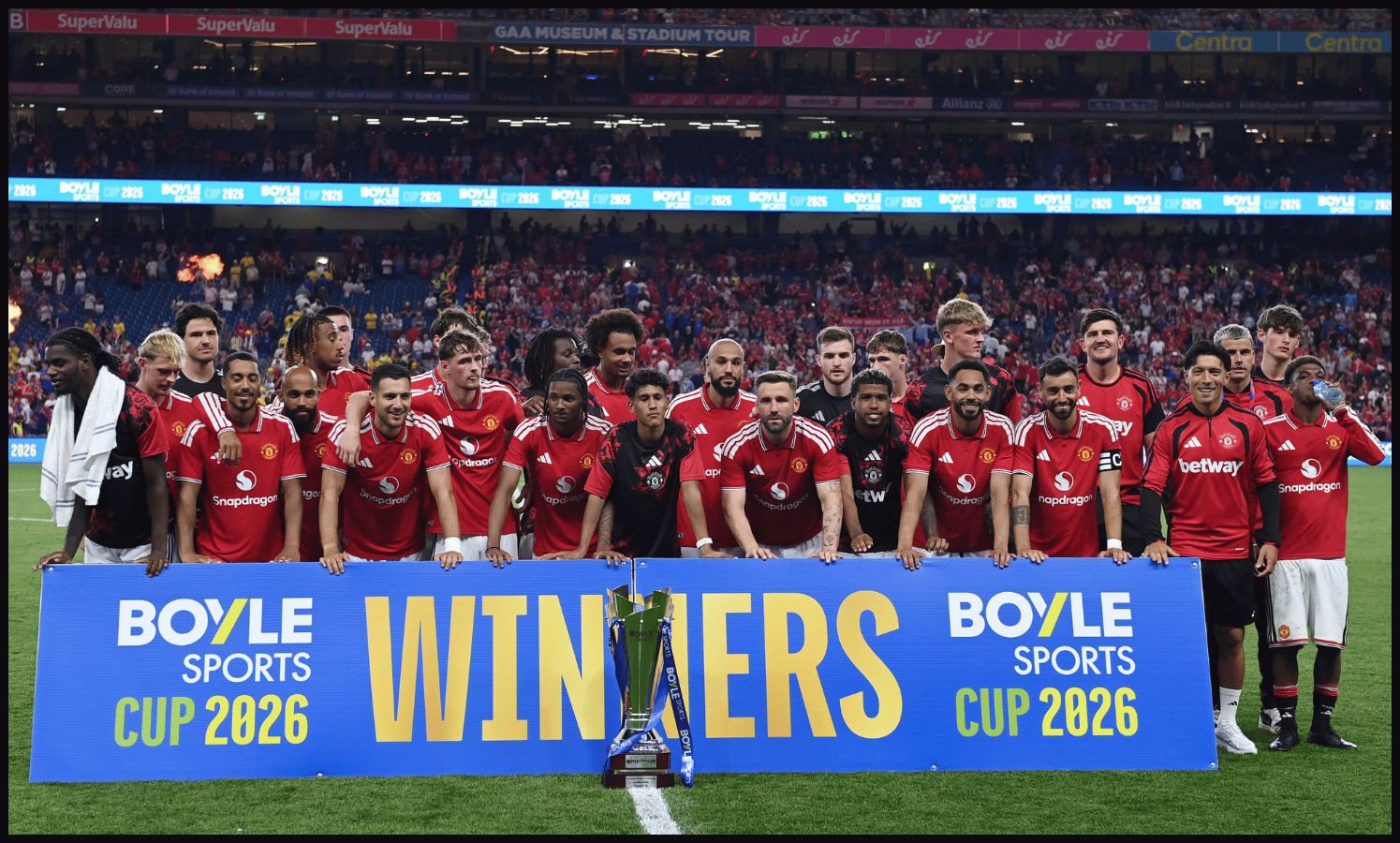 DUBLIN, IRELAND - AUGUST 12: Manchester United players celebrate after the pre-season friendly match between Leeds United and Manchester United at Croke Park on August 12, 2026 in Dublin, Ireland.