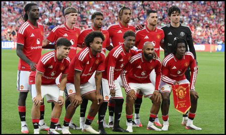 DUBLIN, IRELAND - AUGUST 12: The Manchester United starting XI pose for a team picture before pre-season friendly match between Leeds United and Manchester United at Croke Park on August 12, 2026 in Dublin, Ireland.