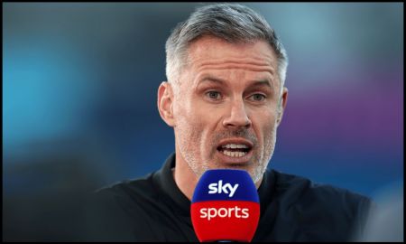 MANCHESTER, ENGLAND - MAY 02: Former Liverpool player and current Sky Sports Pundit Jamie Carragher looks on, while presenting prior to the Premier League match between Manchester City FC and Wolverhampton Wanderers FC at Etihad Stadium on May 02, 2025 in Manchester, England.