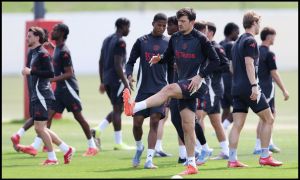 MANCHESTER, ENGLAND - MAY 14: Harry Maguire of Manchester United warms up during a training session at Carrington Training Ground on May 14, 2025 in Manchester, England.