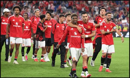 DUBLIN, IRELAND - AUGUST 12: Diogo Dalot and Amad Diallo of Manchester United are seen following the pre-season friendly match between Leeds United and Manchester United at Croke Park on August 12, 2026 in Dublin, Ireland