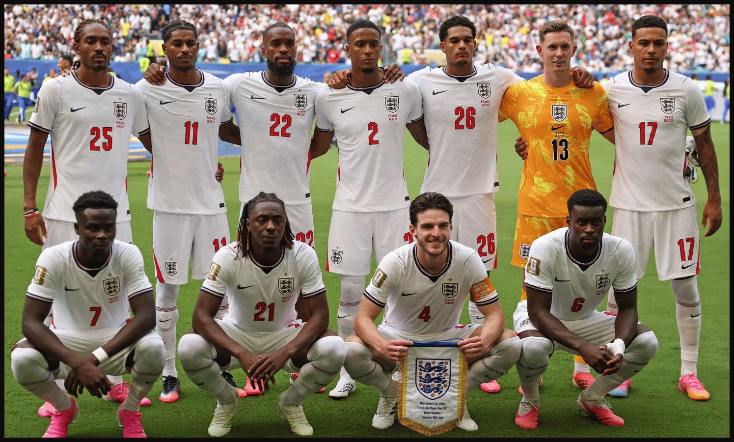 Players of England pose for a team photograph before the FIFA World Cup 2026 Bronze Final between France and England at Miami Stadium on July 18, 2026 in Miami Gardens, Florida.