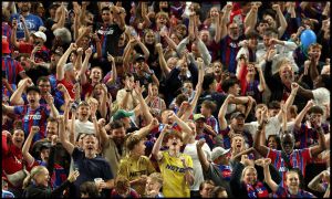 LONDON, ENGLAND - MAY 27: Crystal Palace Fans celebrate after the team's victory whilst they watch the UEFA Conference League Final 2026 against Rayo Vallecano de Madrid at Selhurst Park on May 27, 2026 in London, England.