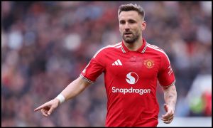 MANCHESTER, ENGLAND - MAY 17: Luke Shaw of Manchester United during the Premier League match between Manchester United and Nottingham Forest at Old Trafford on May 17, 2026 in Manchester, England.