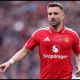 MANCHESTER, ENGLAND - MAY 17: Luke Shaw of Manchester United during the Premier League match between Manchester United and Nottingham Forest at Old Trafford on May 17, 2026 in Manchester, England.