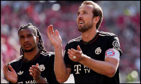 MAINZ, GERMANY - APRIL 25: Harry Kane of FC Bayern Munich acknowlegdes the fans folloing the Bundesliga match between 1. FSV Mainz 05 and FC Bayern München at MEWA Arena on April 25, 2026 in Mainz, Germany.