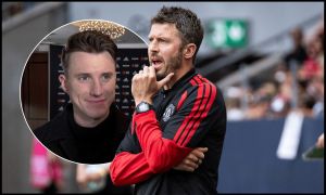 SOLNA, SWEDEN - AUGUST 1: Michael Carrick head coach of Manchester United during the pre-season friendly match between Manchester United and Atletico de Madrid at Strawberry Arena on August 1, 2026 in Solna, Sweden.