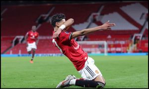 JJ Gabriel celebrates scoring for Man Utd