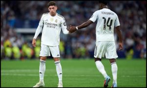 Real Madrid midfielders Aurelien Tchoaumeni and Federico Valverde