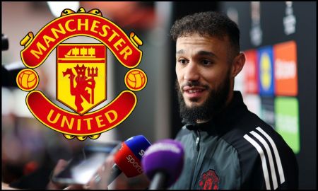 Noussair Mazraoui talking to the press