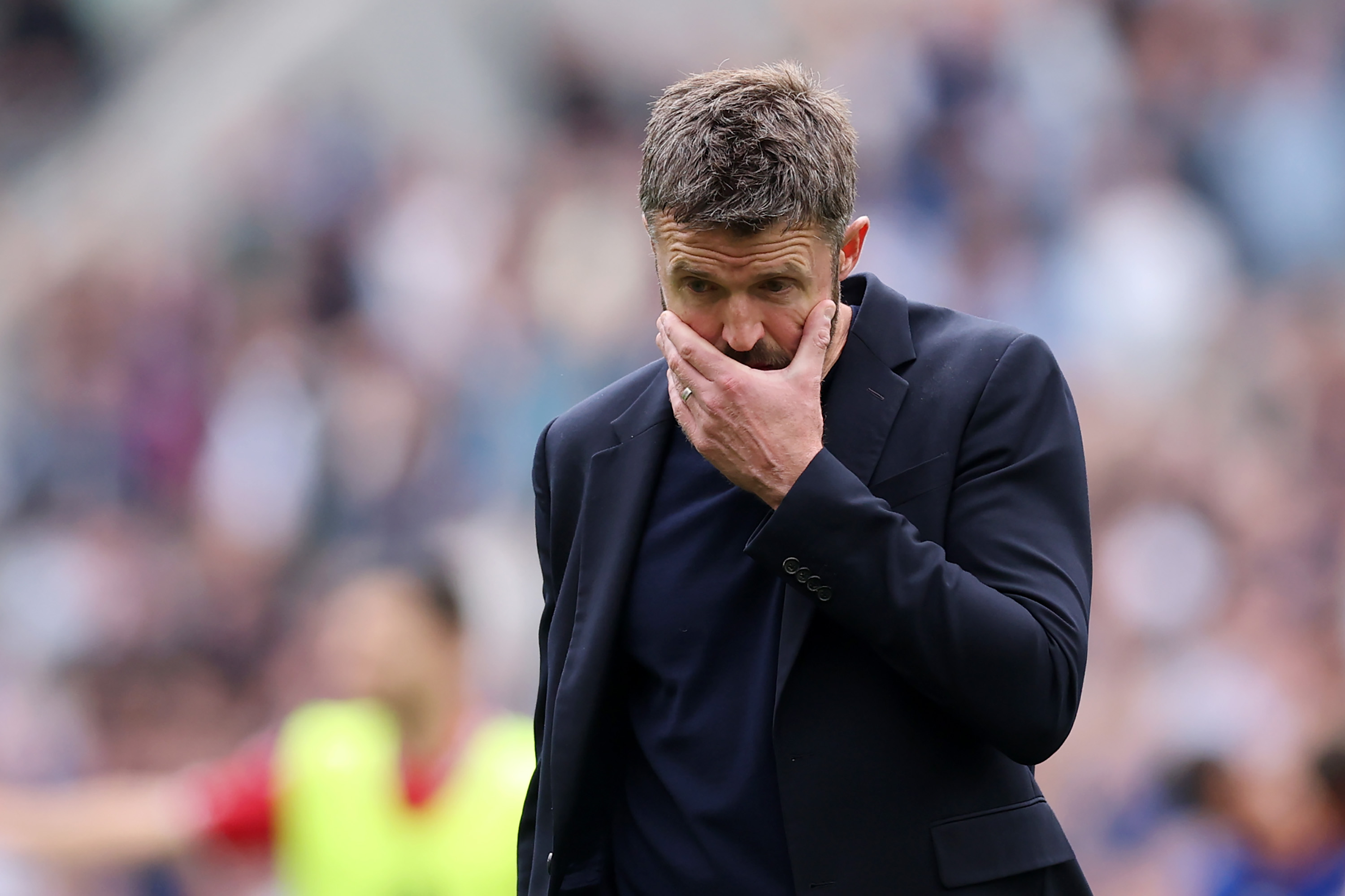 LIVERPOOL, ENGLAND - SEPTEMBER 06: Michael Carrick, Manager of Manchester United, dejected after the Premier League 2026/27 match between Everton and Manchester United at Hill Dickinson Stadium on September 06, 2026 in Liverpool, England.