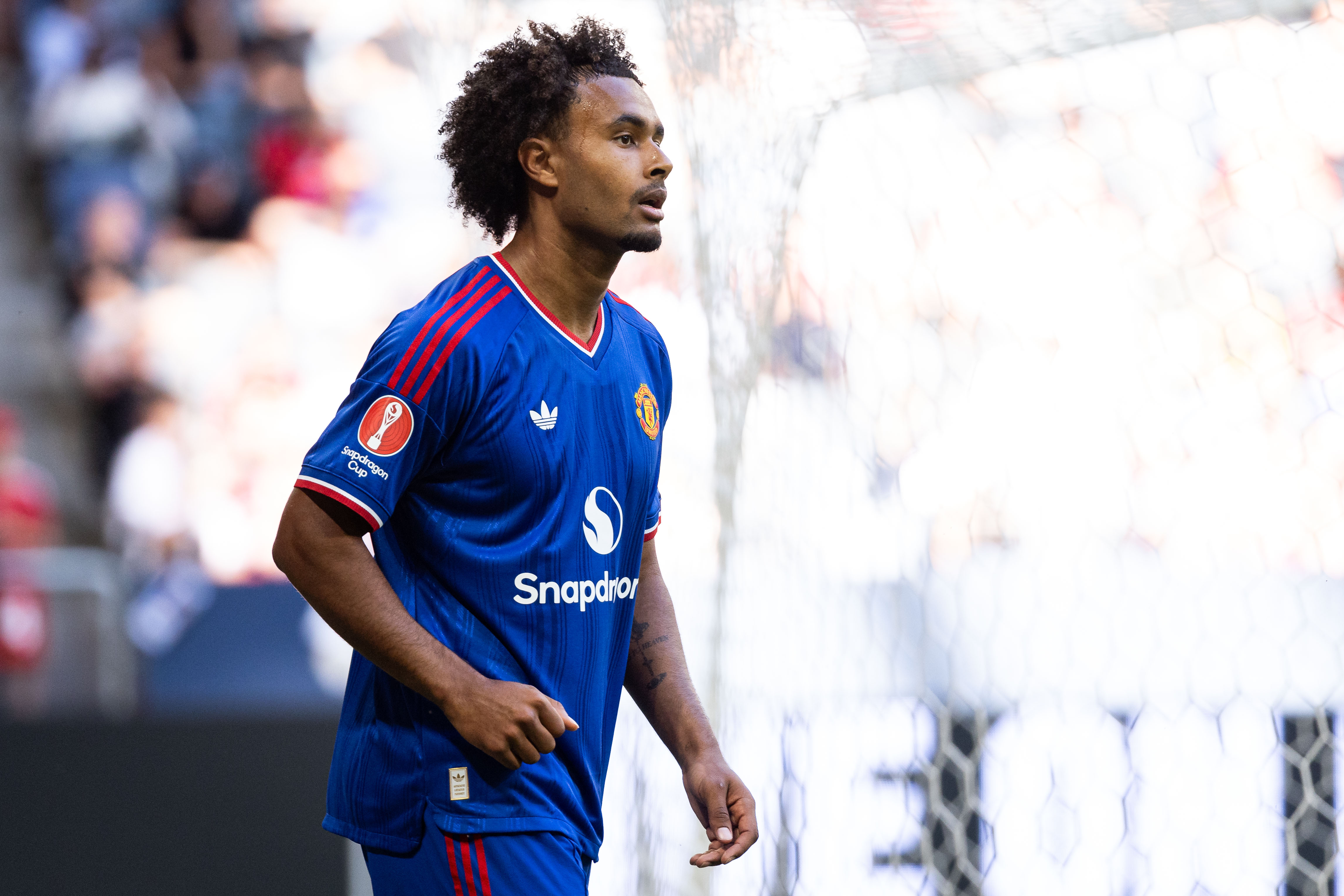 SOLNA, SWEDEN - AUGUST 1: Joshua Zirkzee of Manchester United during the pre-season friendly match between Manchester United and Atletico de Madrid at Strawberry Arena on August 1, 2026 in Solna, Sweden