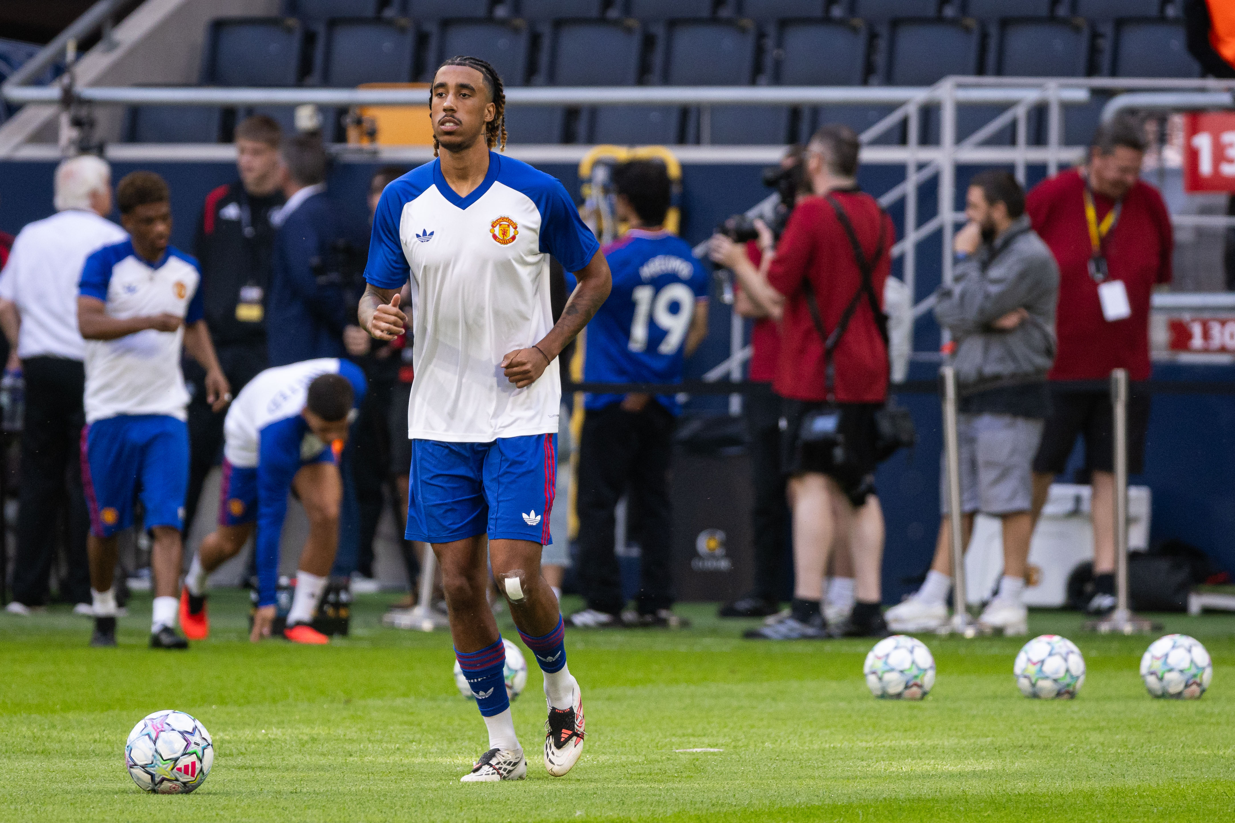 SOLNA, SWEDEN - AUGUST 1: Leny Yoro of Manchester United during warm ups prior to the pre-season friendly match between Manchester United and Atletico de Madrid at Strawberry Arena on August 1, 2026 in Solna, Sweden. (Photo by Michael Campanella/Getty Images)