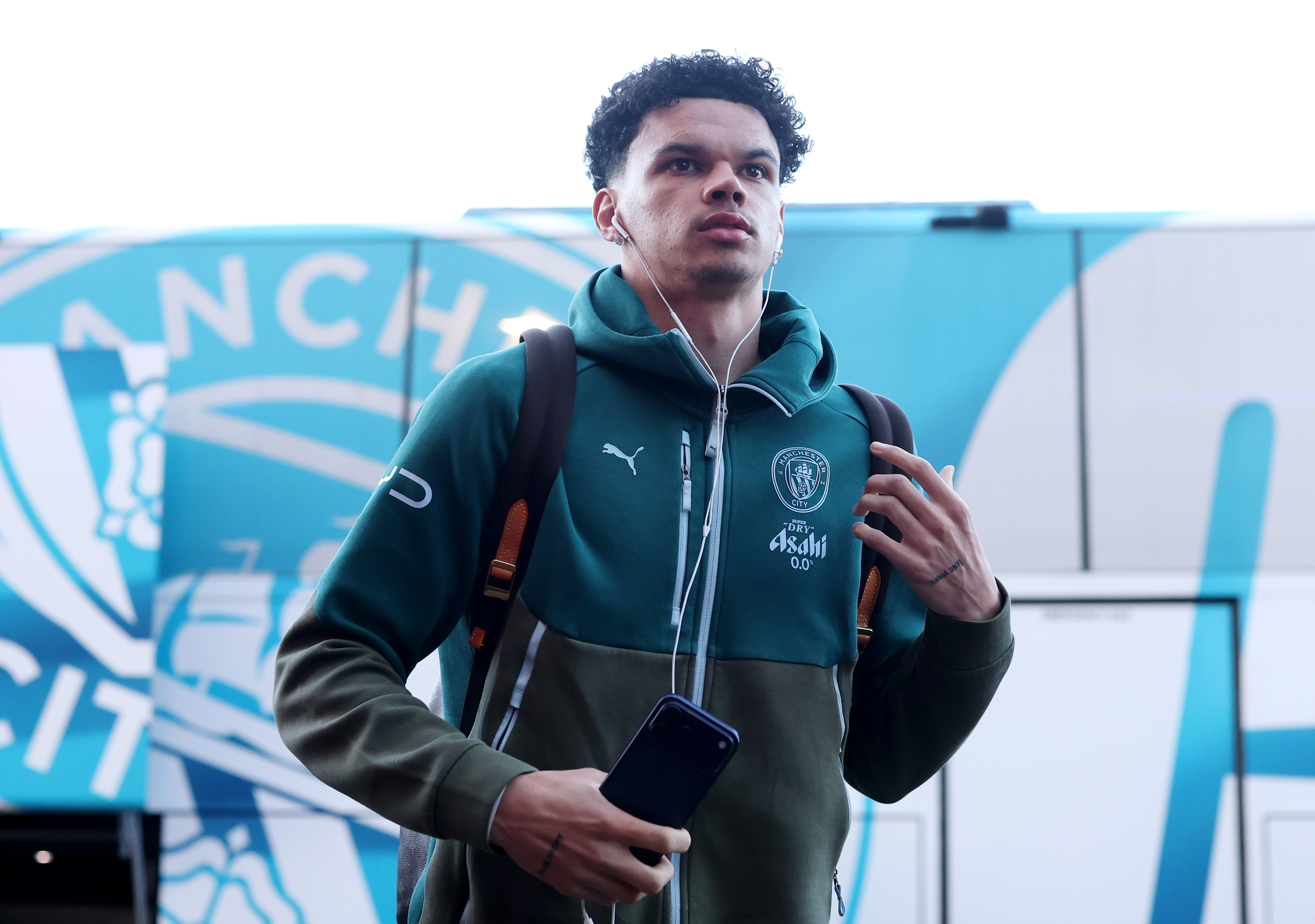 BURNLEY, ENGLAND - APRIL 22: Nico O'Reilly of Manchester City arrives at the stadium prior to the Premier League match between Burnley and Manchester City at Turf Moor on April 22, 2026 in Burnley, England