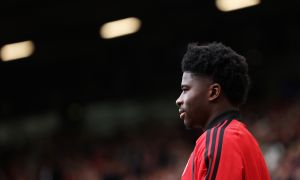 MANCHESTER, ENGLAND - AUGUST 30: New signing Carlos Baleba of Manchester United is introduced before the Premier League 2026/27 match between Manchester United and Ipswich Town at Old Trafford on August 30, 2026 in Manchester, England. (Photo by Dan Mullan/Getty Images)