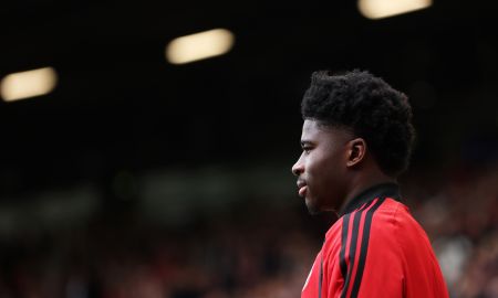 MANCHESTER, ENGLAND - AUGUST 30: New signing Carlos Baleba of Manchester United is introduced before the Premier League 2026/27 match between Manchester United and Ipswich Town at Old Trafford on August 30, 2026 in Manchester, England. (Photo by Dan Mullan/Getty Images)