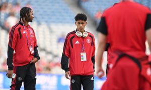 DUBLIN, IRELAND - AUGUST 12: JJ Gabriel of Manchester United is pictured before the pre-season friendly match between Leeds United and Manchester United at Croke Park on August 12, 2026 in Dublin, Ireland.