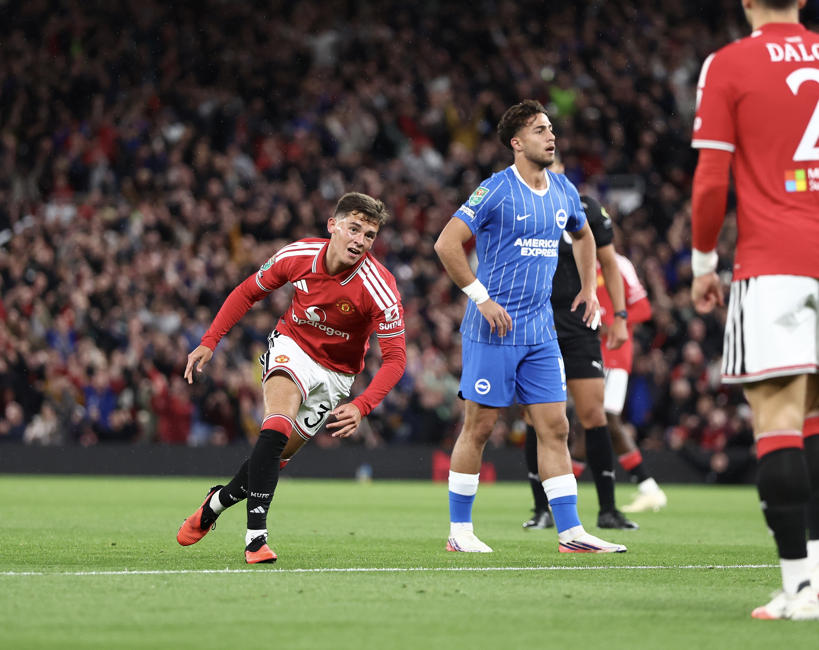 MANCHESTER, ENGLAND - SEPTEMBER 16: Shea Lacey of Manchester United celebrates scoring his team’s first goal during the Carabao Cup Third Round match between Manchester United and Brighton & Hove Albion at Old Trafford on September 16, 2026 in Manchester, England.