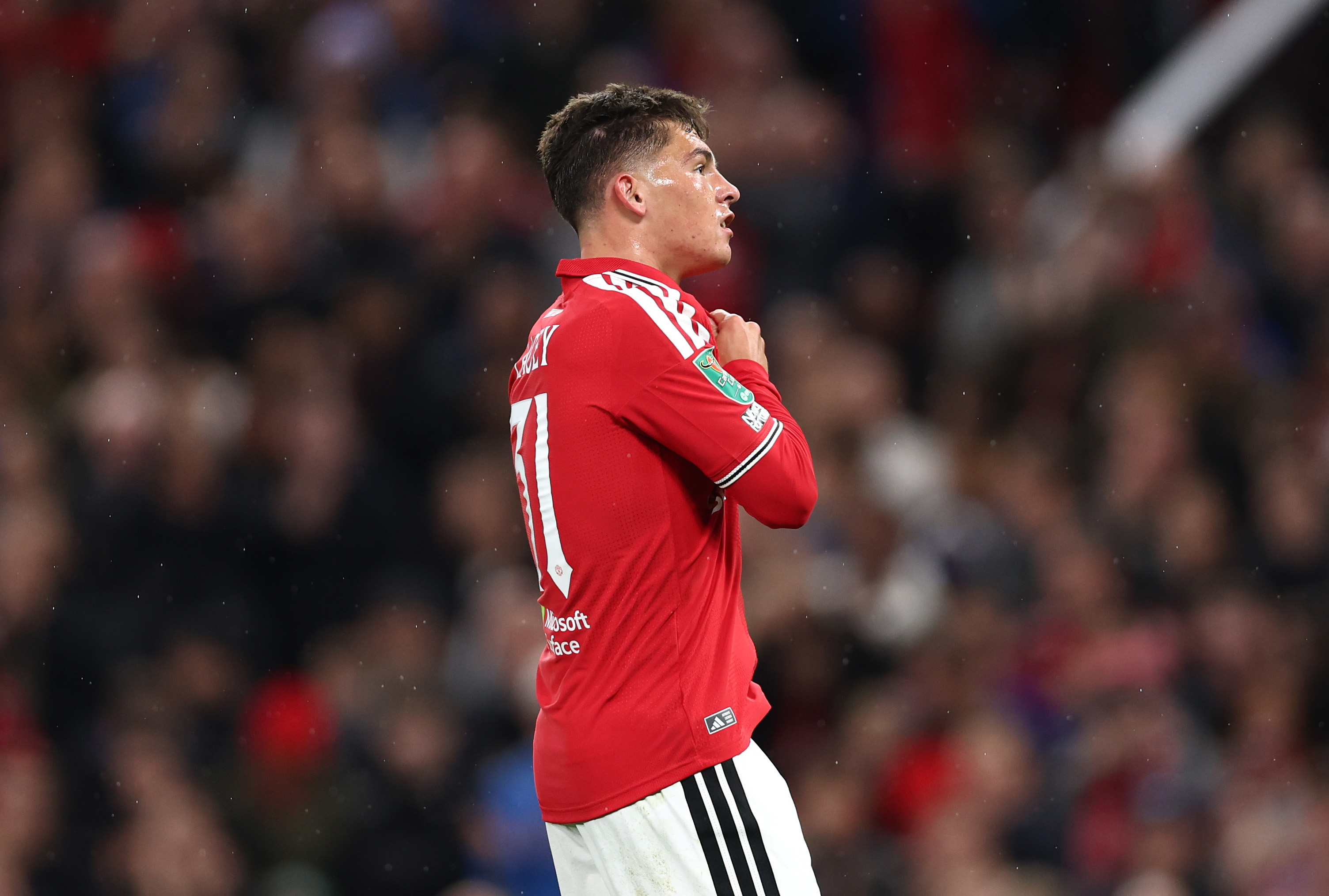 MANCHESTER, ENGLAND - SEPTEMBER 16: Shea Lacey of Manchester United celebrates scoring his team’s first goal during the Carabao Cup Third Round match between Manchester United and Brighton & Hove Albion at Old Trafford on September 16, 2026 in Manchester, England. (Photo by Molly Darlington/Getty Images)