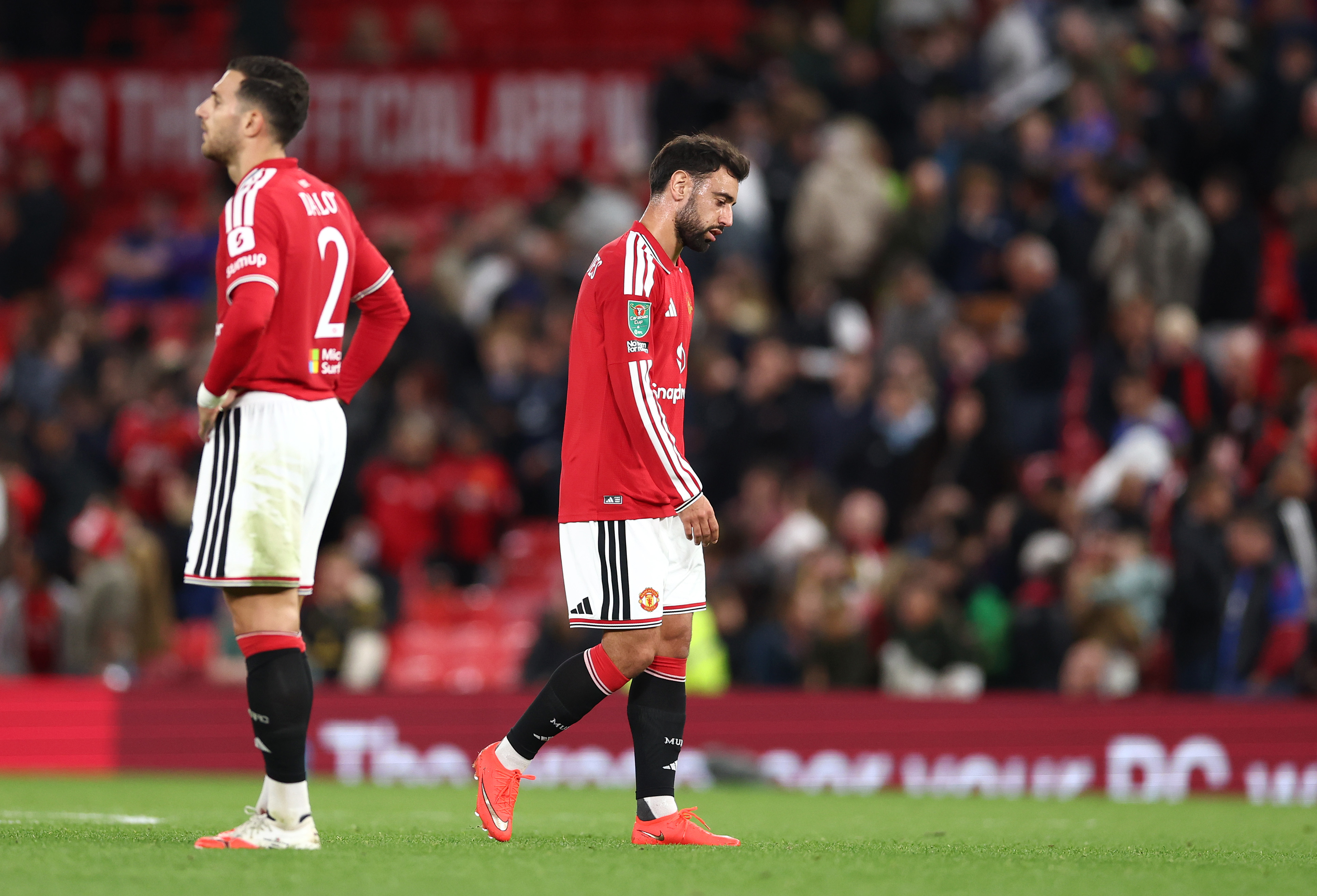 MANCHESTER, ENGLAND - SEPTEMBER 16: Bruno Fernandes of Manchester United reacts after the Carabao Cup Third Round match between Manchester United and Brighton & Hove Albion at Old Trafford on September 16, 2026 in Manchester, England. (Photo by Molly Darlington/Getty Images)