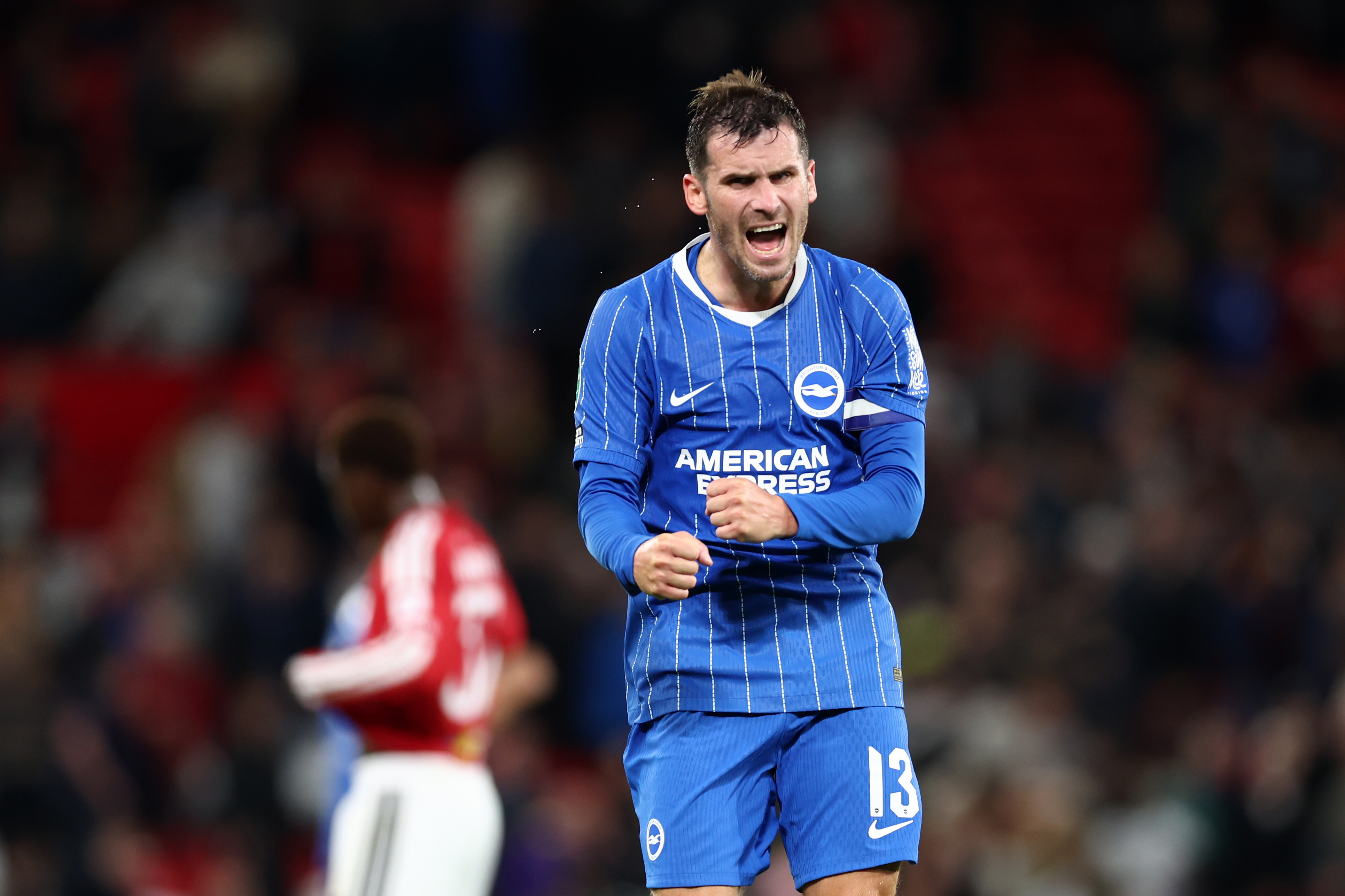 MANCHESTER, ENGLAND - SEPTEMBER 16: Pascal Gross of Brighton & Hove Albion celebrates after the Carabao Cup Third Round match between Manchester United and Brighton & Hove Albion at Old Trafford on September 16, 2026 in Manchester, England.