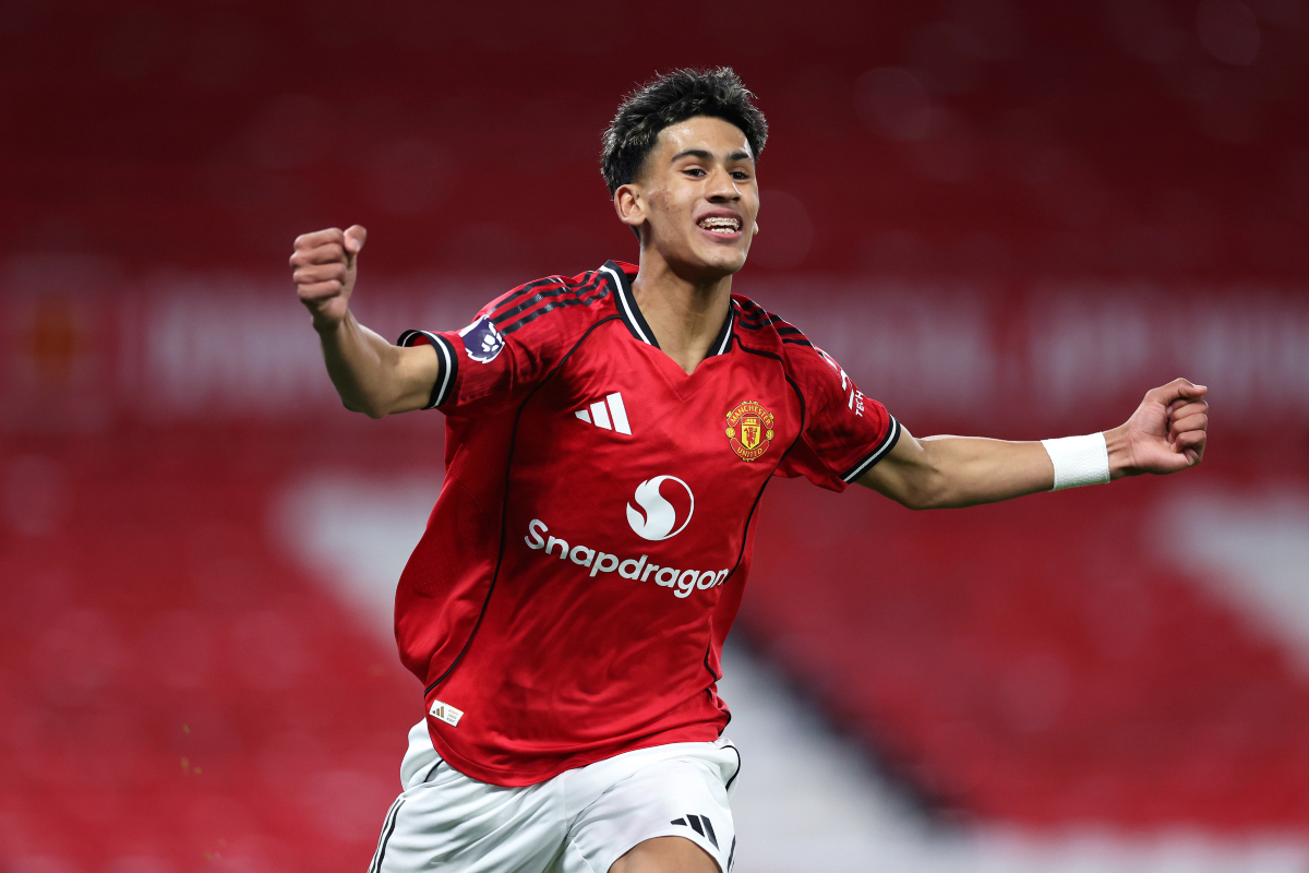 MANCHESTER, ENGLAND - APRIL 17: JJ Gabriel of Manchester United celebrates after scoring their first goal during the FA Youth Cup Semi Final match between Manchester United and Crystal Palace at Old Trafford on April 17, 2026 in Manchester, England. (Photo by Alex Livesey/Getty Images)