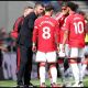 LIVERPOOL, ENGLAND - SEPTEMBER 06: Michael Carrick, Manager of Manchester United, speaks with his players during a break in play in the Premier League 2026/27 match between Everton and Manchester United at Hill Dickinson Stadium on September 06, 2026 in Liverpool, England.