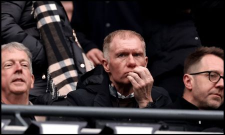 MANCHESTER, ENGLAND - FEBRUARY 14: Paul Scholes, Director of Recruitment of Salford City, looks on from the stands prior to the Emirates FA Cup Fourth Round match between Manchester City and Salford City at Etihad Stadium on February 14, 2026 in Manchester, England