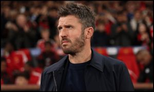 MANCHESTER, ENGLAND - SEPTEMBER 10: Michael Carrick, Manager of Manchester United, looks on before the UEFA Champions League 2026/27 League Phase MD1 match between Manchester United and Sabah FC at Old Trafford on September 10, 2026 in Manchester, England.