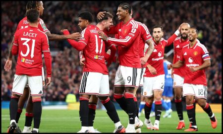 Mason Mount celebrating with Man Utd teammates