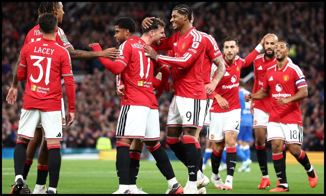 Mason Mount celebrating with Man Utd teammates