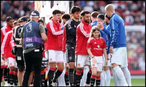 MANCHESTER, ENGLAND - SEPTEMBER 13: Bruno Fernandes of Manchester United shakes hands with Erling Haaland of Manchester City before the Premier League 2026/27 match between Manchester United and Manchester City at Old Trafford on September 13, 2026 in Manchester, England.