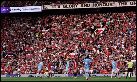 MANCHESTER, ENGLAND - SEPTEMBER 13: General view inside the stadium as the LED screen shows Erling Haaland of Manchester City goal being checked for offside by VAR during the Premier League 2026/27 match between Manchester United and Manchester City at Old Trafford on September 13, 2026 in Manchester, England.