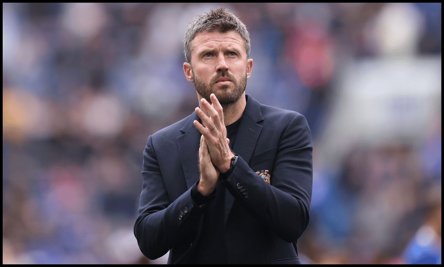 LIVERPOOL, ENGLAND - SEPTEMBER 06: Michael Carrick, Manager of Manchester United, applauds the fans after the Premier League 2026/27 match between Everton and Manchester United at Hill Dickinson Stadium on September 06, 2026 in Liverpool, England. (Photo by Carl Recine/Getty Images)