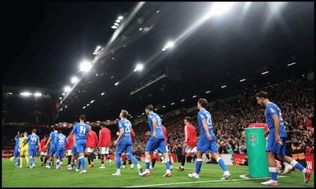 MANCHESTER, ENGLAND - SEPTEMBER 16: Manchester United and Brighton & Hove Albion players walk out before the Carabao Cup Third Round match between Manchester United and Brighton & Hove Albion at Old Trafford on September 16, 2026 in Manchester, England