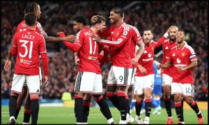 MANCHESTER, ENGLAND - SEPTEMBER 16: Mason Mount of Manchester United celebrates scoring his team’s second goal with teammates during the Carabao Cup Third Round match between Manchester United and Brighton & Hove Albion at Old Trafford on September 16, 2026 in Manchester, England.