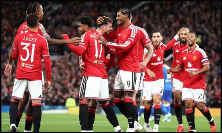 MANCHESTER, ENGLAND - SEPTEMBER 16: Mason Mount of Manchester United celebrates scoring his team’s second goal with teammates during the Carabao Cup Third Round match between Manchester United and Brighton & Hove Albion at Old Trafford on September 16, 2026 in Manchester, England.