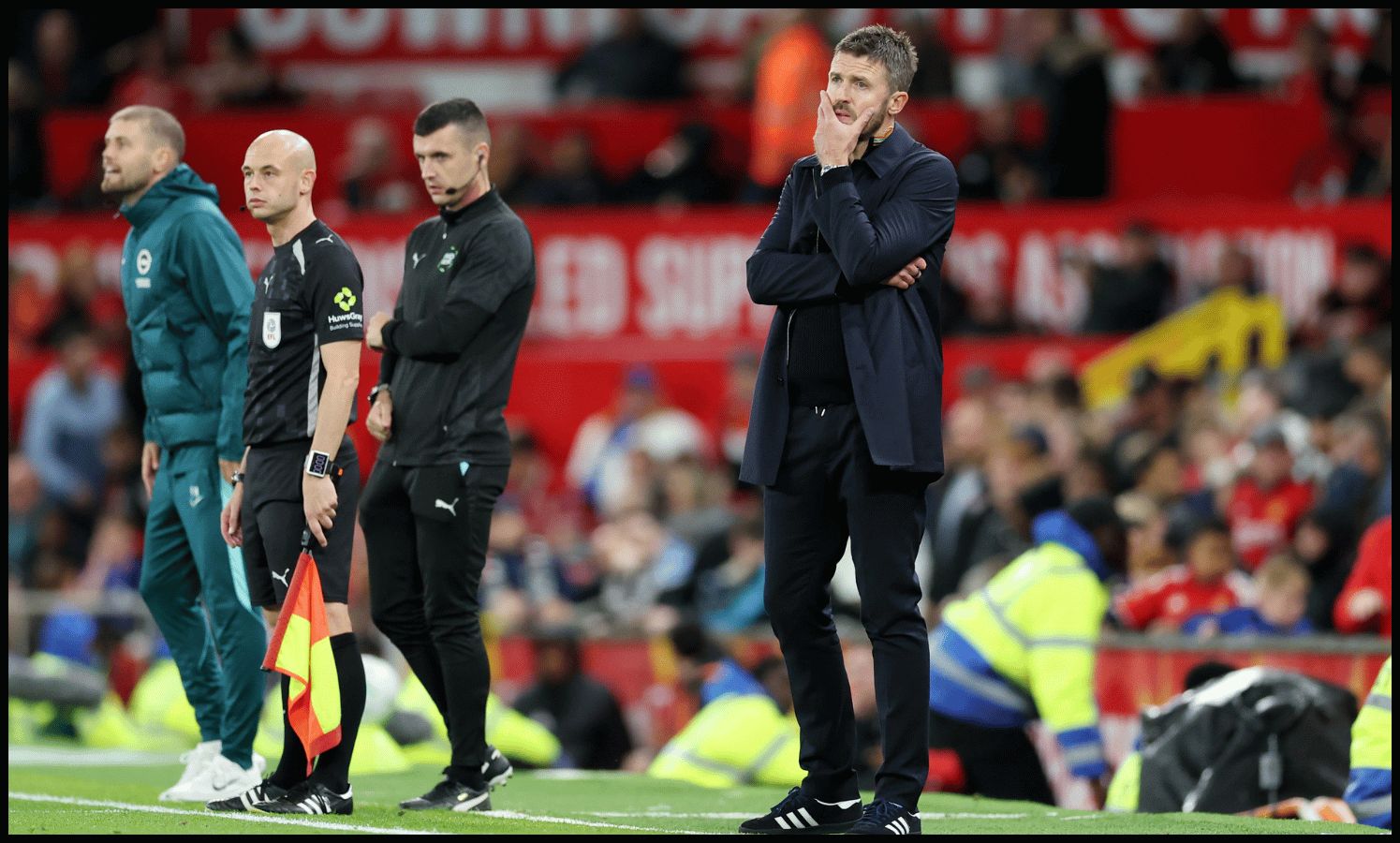 MANCHESTER, ENGLAND - SEPTEMBER 16: Michael Carrick, Manager of Manchester United, reacts during the Carabao Cup Third Round match between Manchester United and Brighton & Hove Albion at Old Trafford on September 16, 2026 in Manchester, England