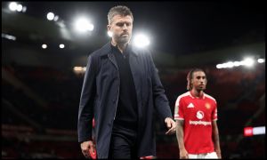 MANCHESTER, ENGLAND - SEPTEMBER 16: Michael Carrick, Manager of Manchester United, reacts after the Carabao Cup Third Round match between Manchester United and Brighton & Hove Albion at Old Trafford on September 16, 2026 in Manchester, England.