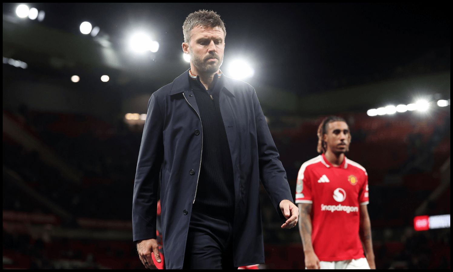 MANCHESTER, ENGLAND - SEPTEMBER 16: Michael Carrick, Manager of Manchester United, reacts after the Carabao Cup Third Round match between Manchester United and Brighton & Hove Albion at Old Trafford on September 16, 2026 in Manchester, England.