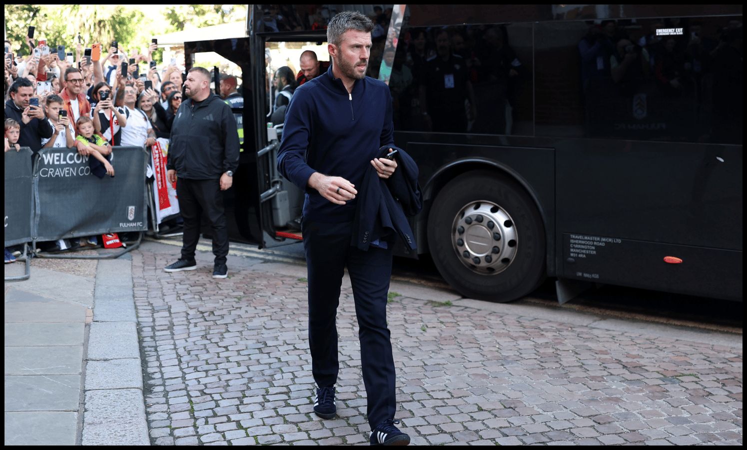 LONDON, ENGLAND - SEPTEMBER 20: Michael Carrick, Manager of Manchester United, arrives at the stadium before the Premier League 2026/27 match between Fulham and Manchester United at Craven Cottage on September 20, 2026 in London, England.