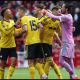 NOTTINGHAM, ENGLAND - AUGUST 22: (L-R) Ethan Ampadu, Jaka Bijol, Joe Rodon and James Trafford of Leeds United celebrate at full-time following victory in the Premier League 2026/27 match between Nottingham Forest FC and Leeds United at City Ground on August 22, 2026 in Nottingham, England.