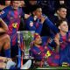 BARCELONA, SPAIN - MAY 10: Robert Lewandowski, Gavi, Ronald Araujo, Dani Olmo, Alejandro Balde and Raphinha of FC Barcelona celebrate as they pose for a photograph with the LaLiga EA Sports trophy, after defeating Real Madrid to secure the title, during the LaLiga EA Sports match between FC Barcelona and Real Madrid CF at Spotify Camp Nou on May 10, 2026 in Barcelona, Spain.